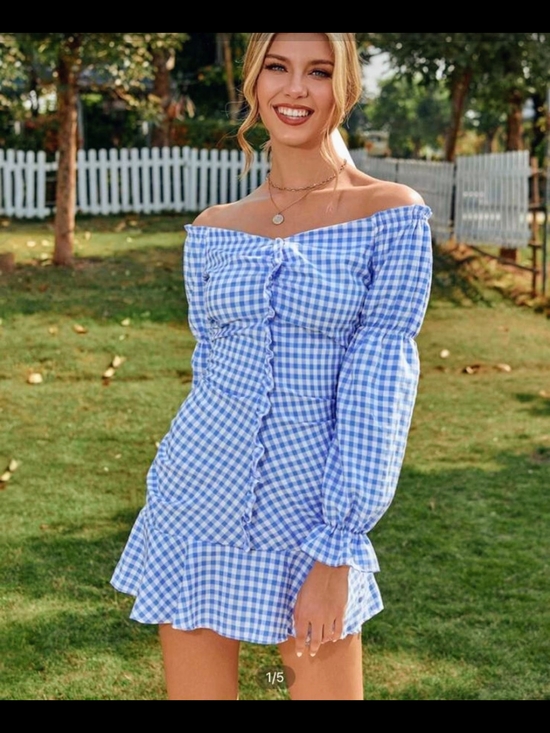 SHEIN Dresses & Skirts - SHEIN Blue Gingham One-Shoulder Mini Dress